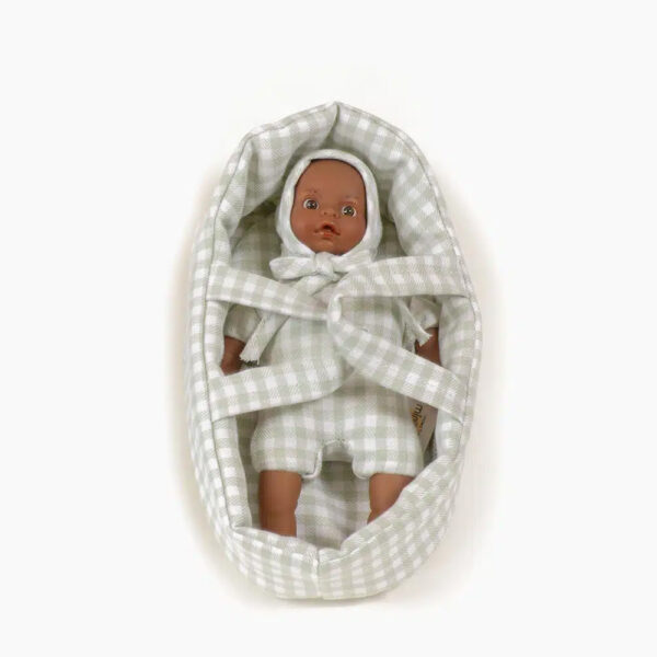 Mini Pio and his verdigris gingham bassinet