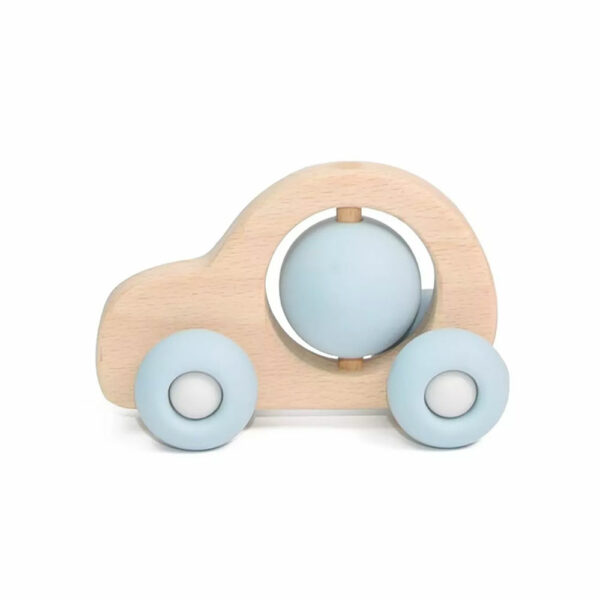 Petite voiture en bois avec roue silicone - bleu