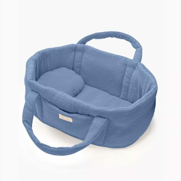 Doll bassinet and her pillow in blue gauze jeans