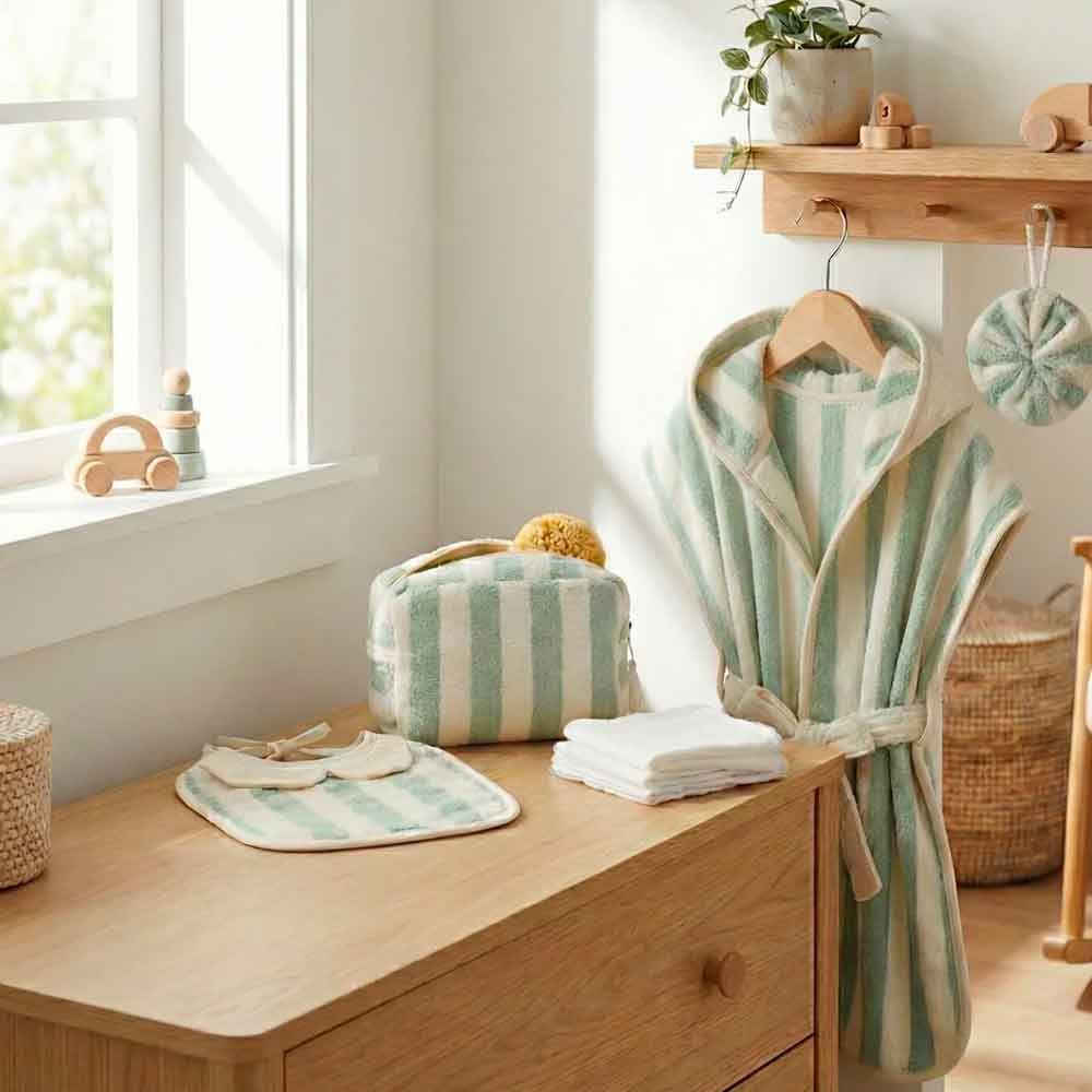 Ivory/verdigris striped bamboo toiletry bag - Image 2