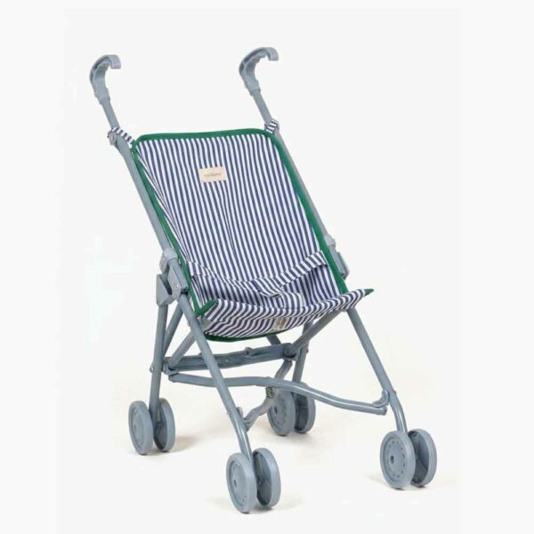 Doll stroller in blue/white striped cotton with green edge