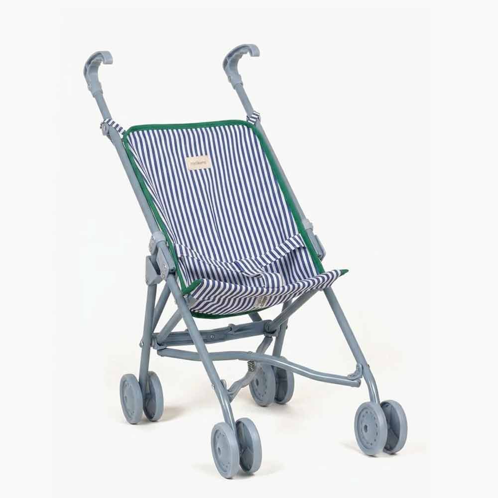 Doll stroller in blue/white striped cotton with green edge